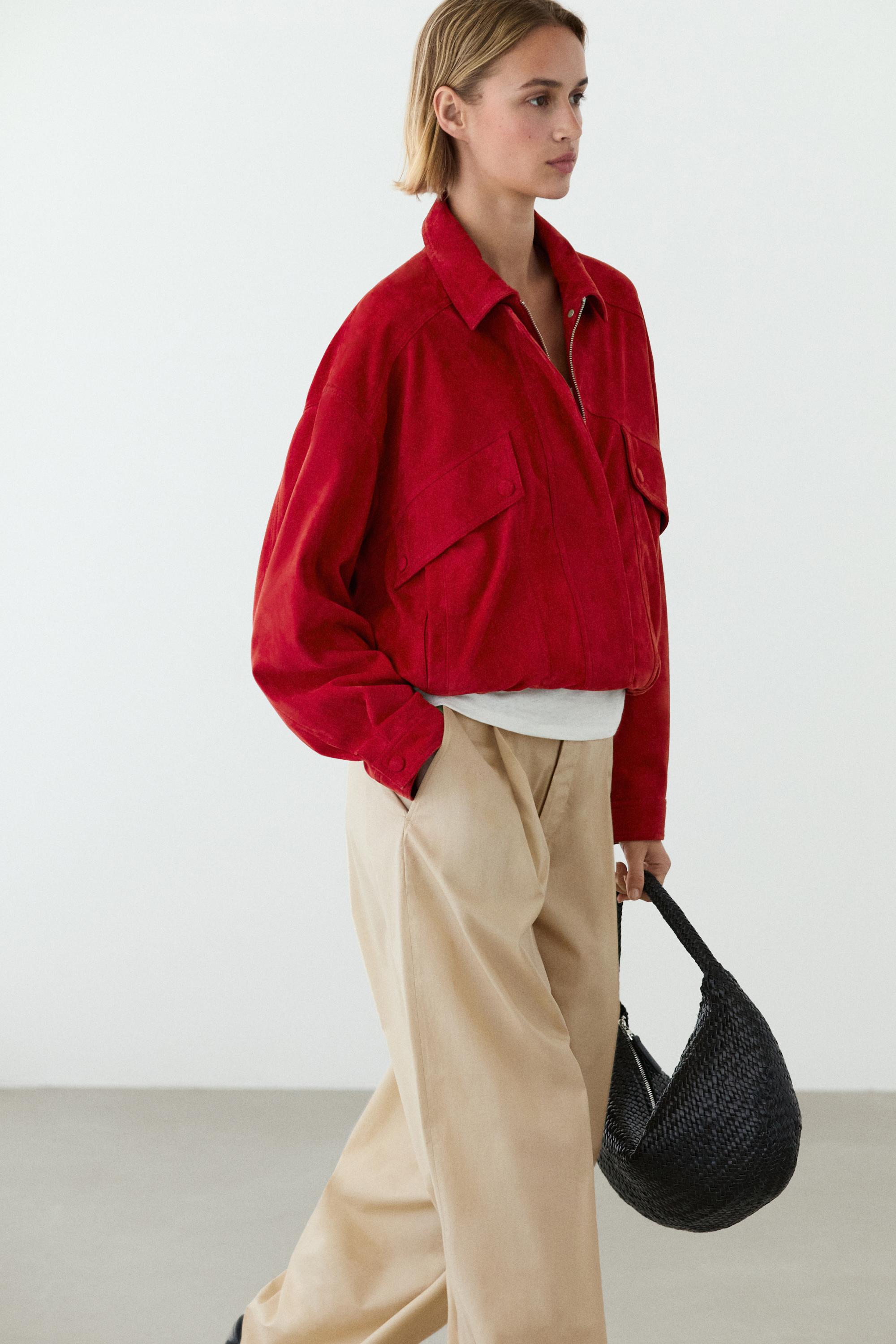 Suede leather bomber jacket with pocket details